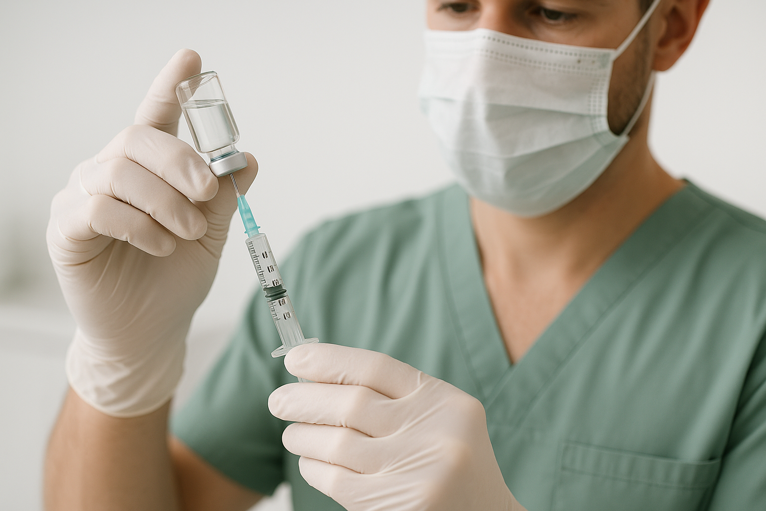 Close-up of medical professional preparing Botox injection in sterile clinical environment emphasizing professionalism and safety