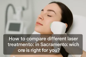 Professional medical spa blog thumbnail showing close-up of face undergoing laser treatment with green light and clean clinical background, featuring headline text overlay at bottom