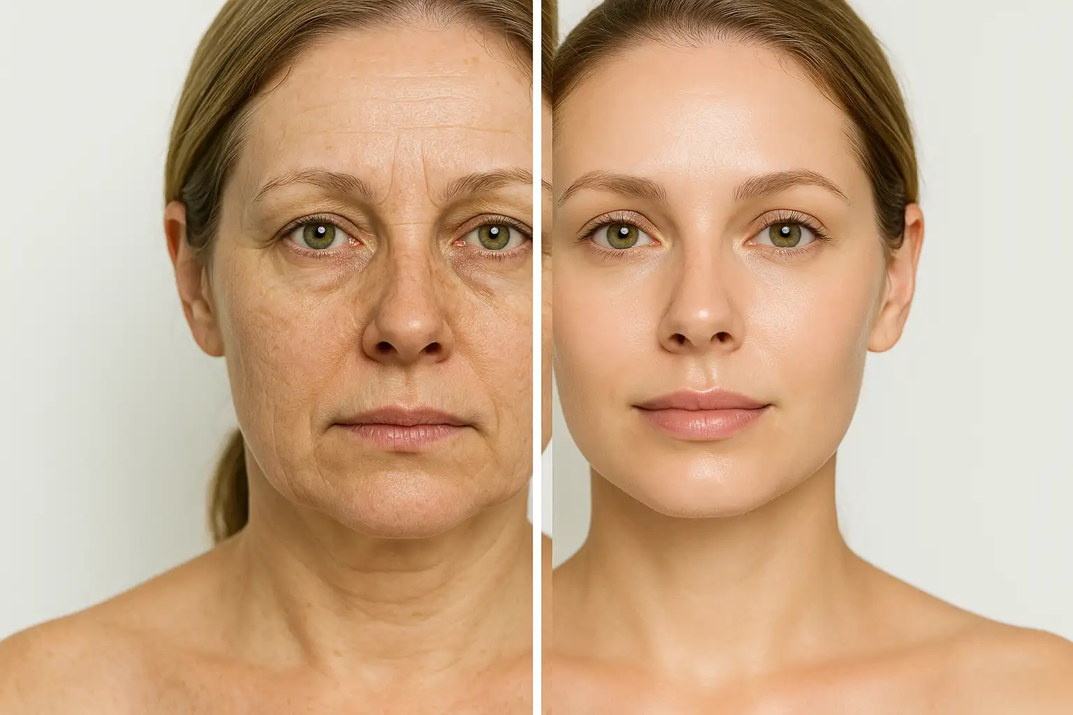 Before and after comparison of facial laser treatment showing improved skin texture and tone with medical spa clinical style