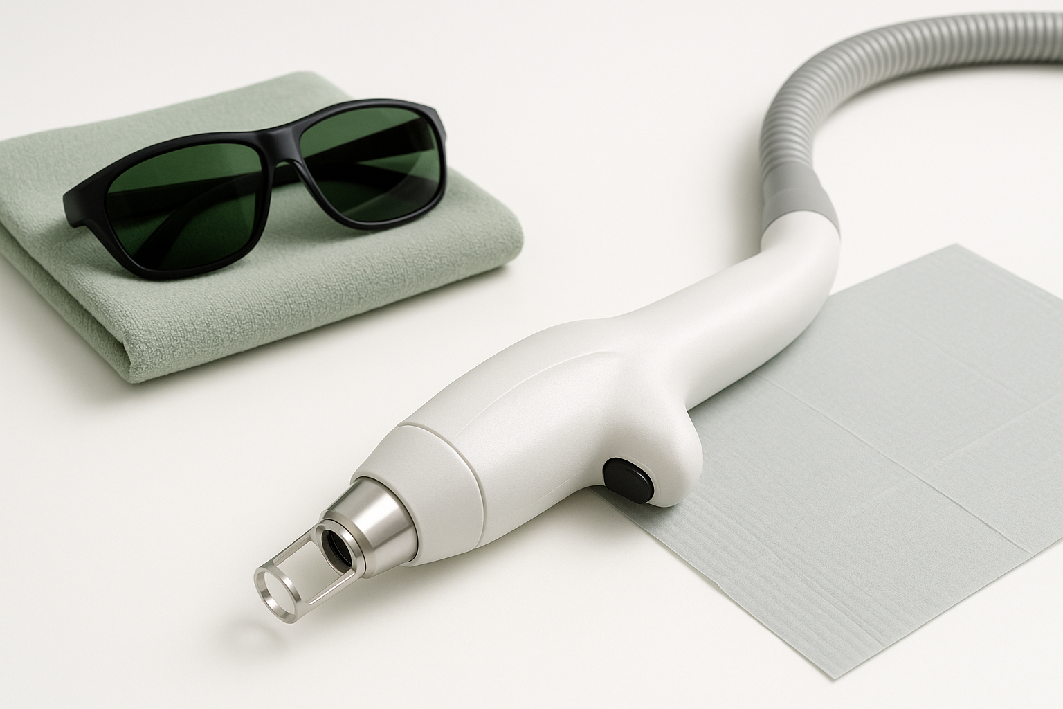 Close-up of laser skin treatment device and clinical setup in medical spa environment with clean professional look