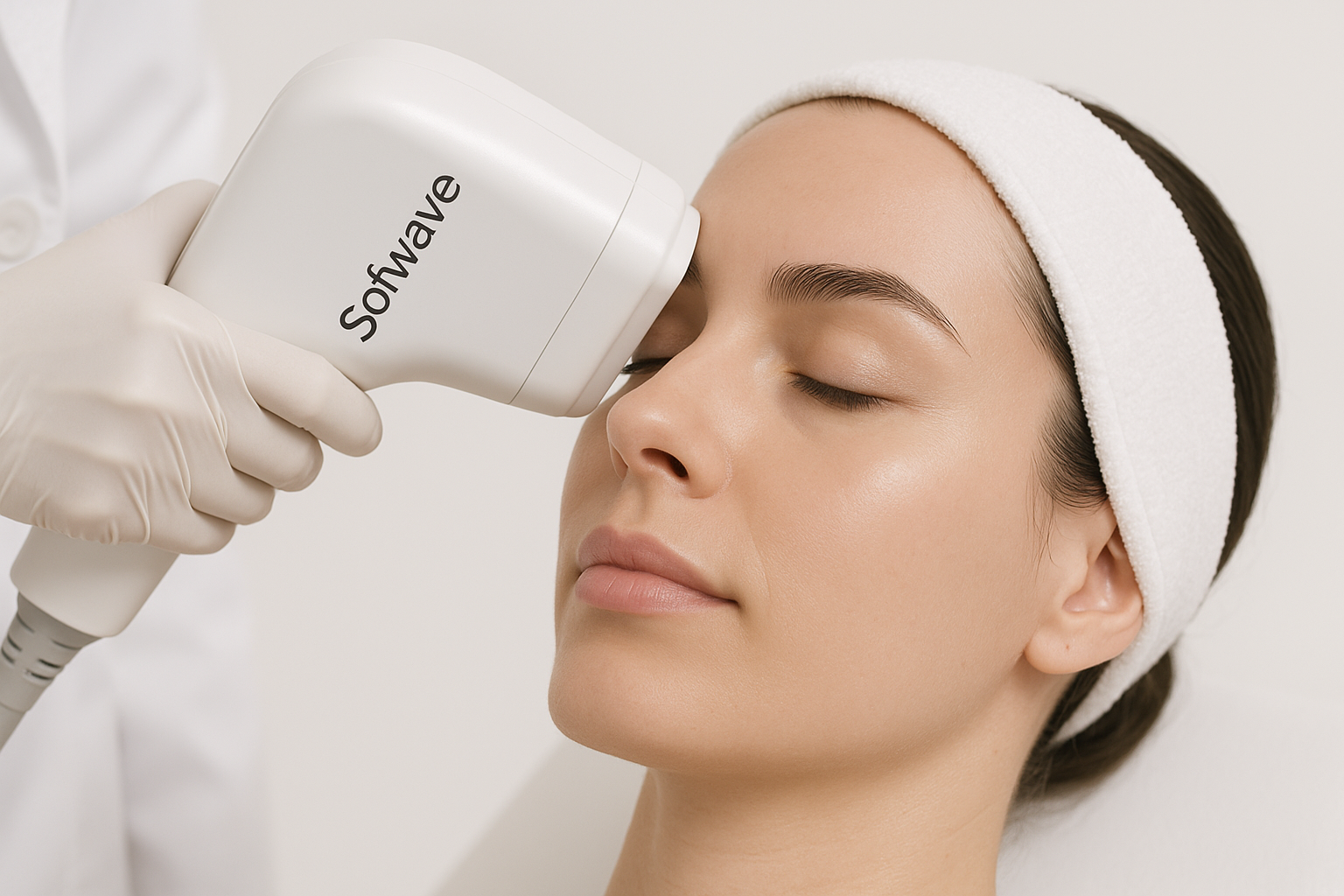 Woman receiving Sofwave ultrasound facial skin tightening treatment in medical spa with clear skin and focused device