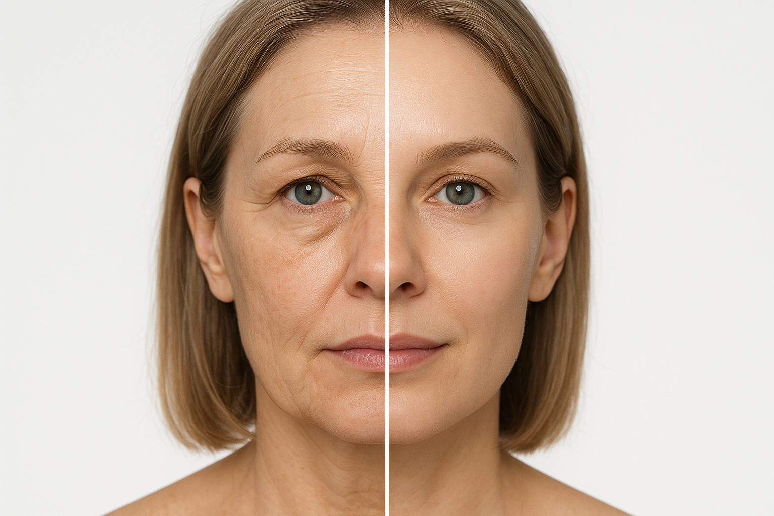 Before and after comparison showing facial skin improvement after Sofwave treatment with reduced fine lines and healthier skin glow