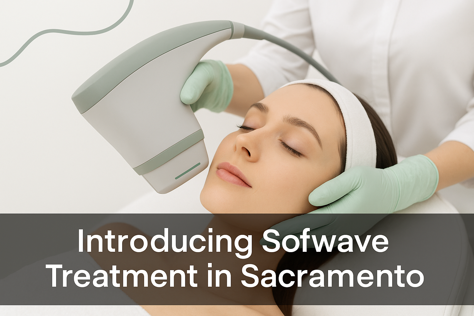 Sofwave ultrasound skin treatment device being applied to a woman's face with a natural, professional medical spa setting