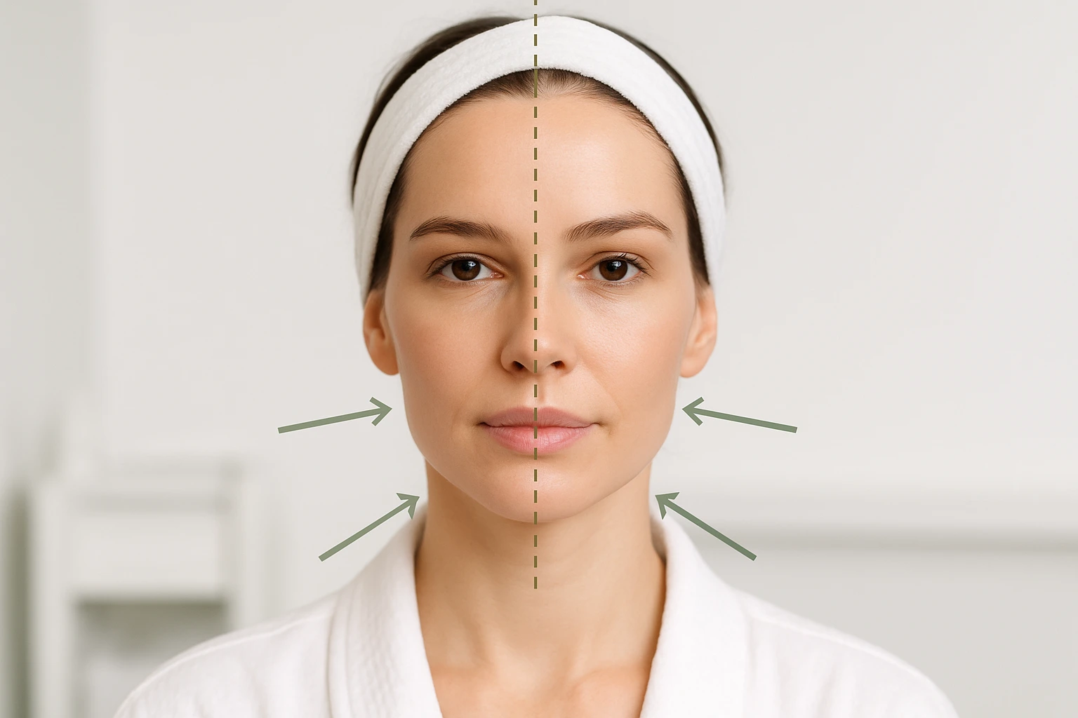 Clinical photo of an adult woman showing facial symmetry and key areas for facial balancing assessment in a medical spa environment