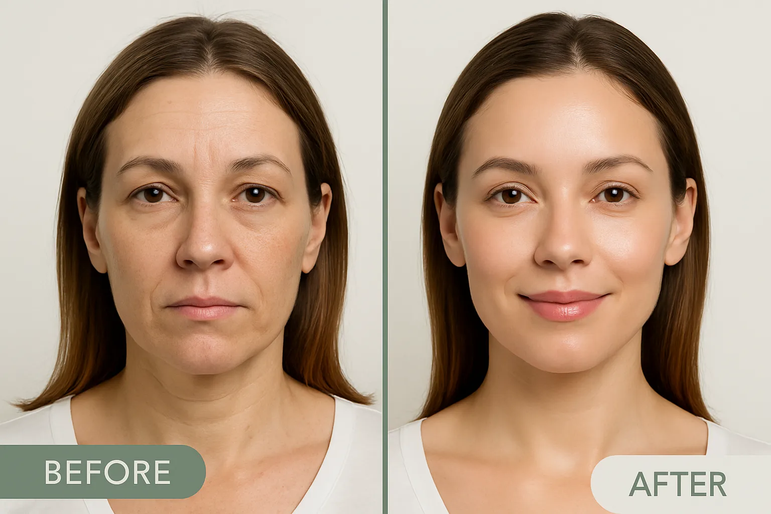 Before and after comparison of a woman's face showing improvement in skin smoothness and facial rejuvenation after full facial balancing treatment