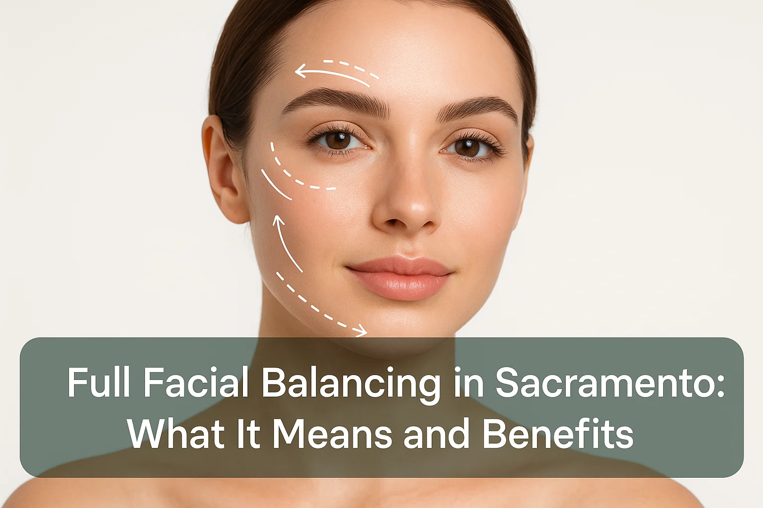 Natural looking female face showing balanced facial features with a semi-transparent text overlay at the bottom for a facial balancing blog thumbnail