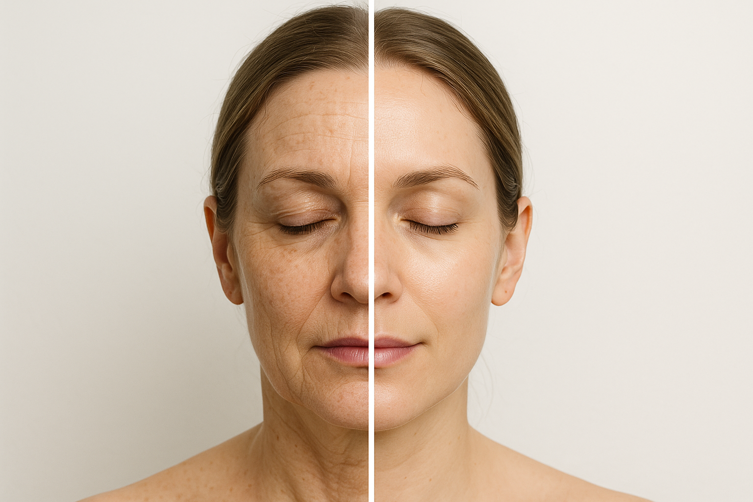 Vertical side-by-side clinical before and after image of a woman’s face showing skin improvement from dull and lined to smooth and glowing after treatment.