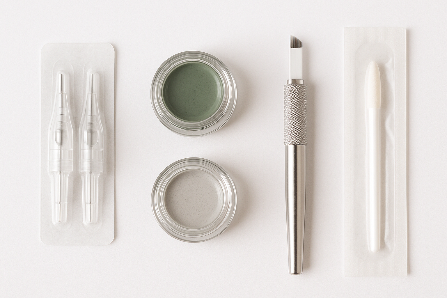 Close-up of professional permanent makeup tools and pigment pots neatly arranged, showcasing the clinical and artistic aspects of cosmetic tattooing.