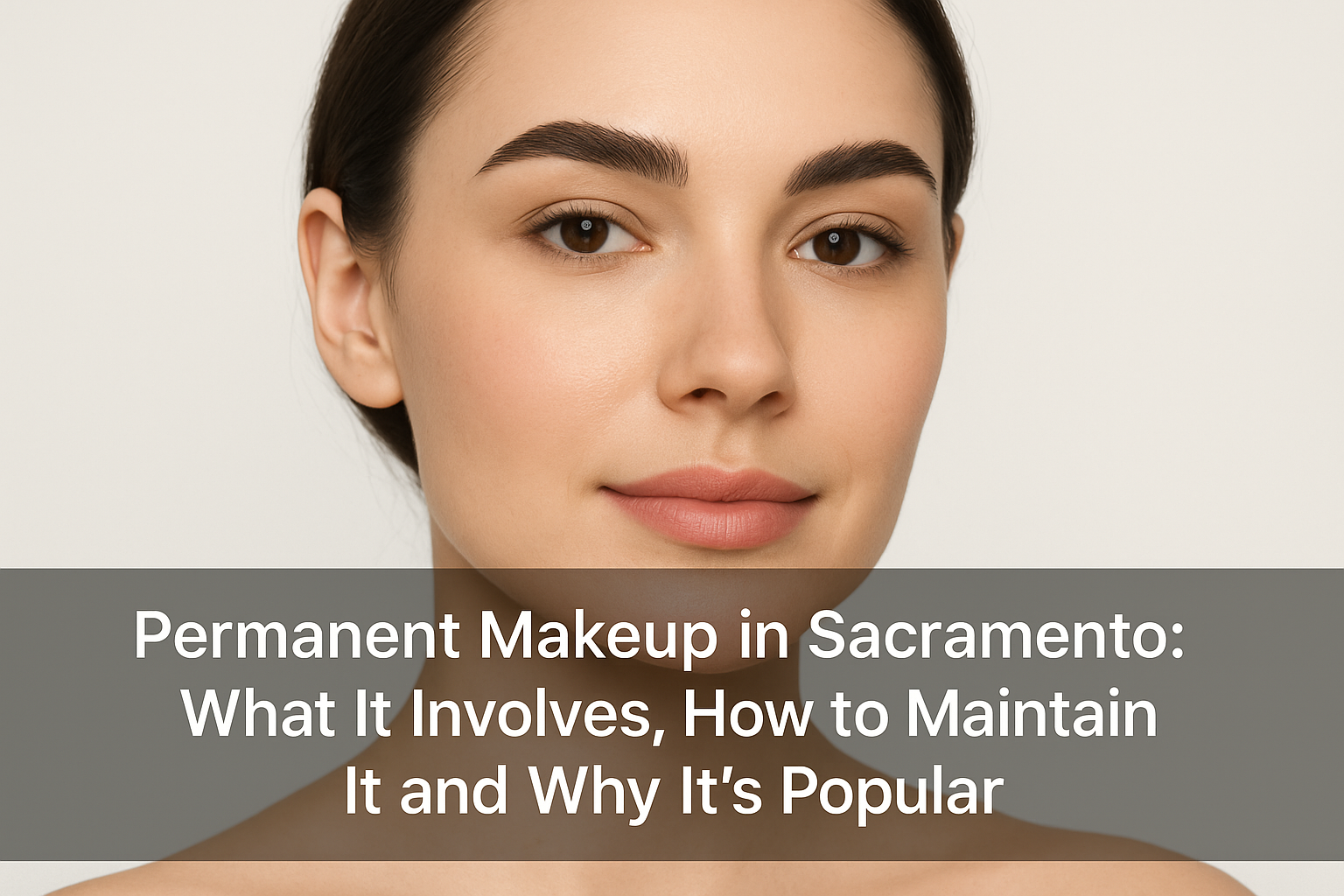 Close-up of a woman with natural permanent makeup enhancements including defined eyebrows, subtle eyeliner, and tinted lips, with a professional transparent text overlay at the bottom reading about permanent makeup in Sacramento.
