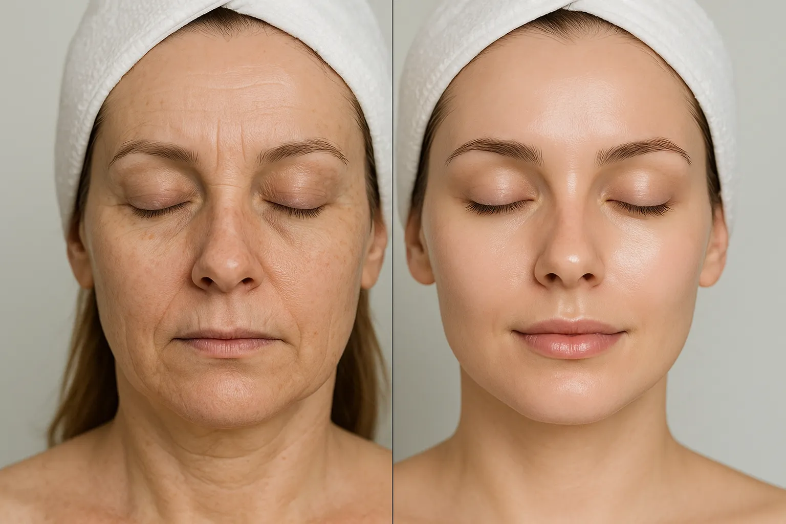 Clinical before-and-after comparison photo of a person's face showing improvement from dull skin and fine lines to smooth and glowing skin after facial treatments