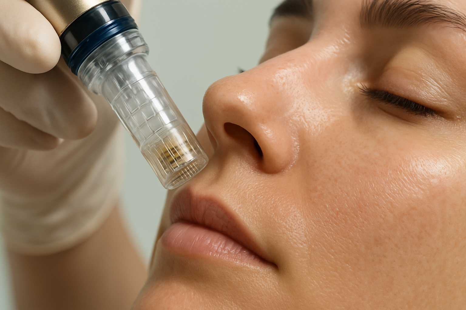 Close-up of microneedling treatment with sterile needles penetrating skin, illustrating skin rejuvenation and collagen stimulation in a clinical setting