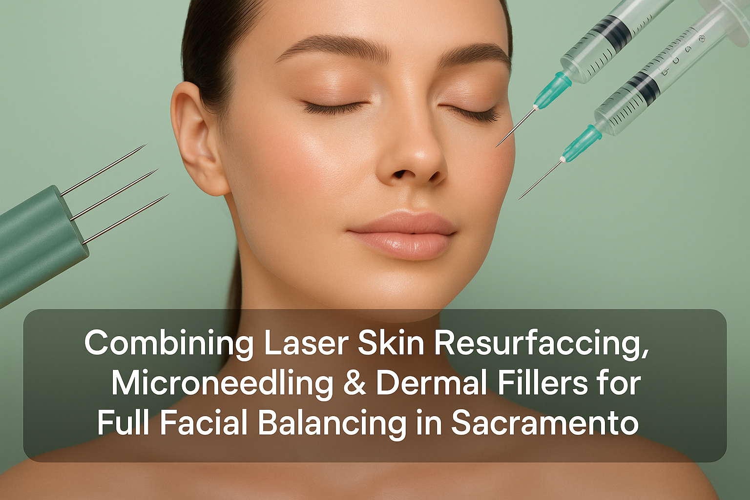 Professional blog thumbnail showing realistic facial skin elements representing laser resurfacing, microneedling, and dermal fillers with text overlay about full facial balancing in Sacramento on a clean greenish-gray background