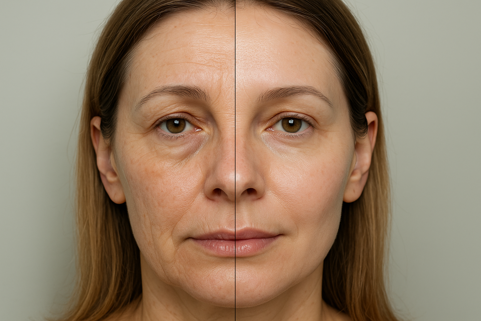Vertical before and after image of a middle-aged person's face showing dull skin and fine lines on the left and rejuvenated smooth skin after facial balancing treatment on the right