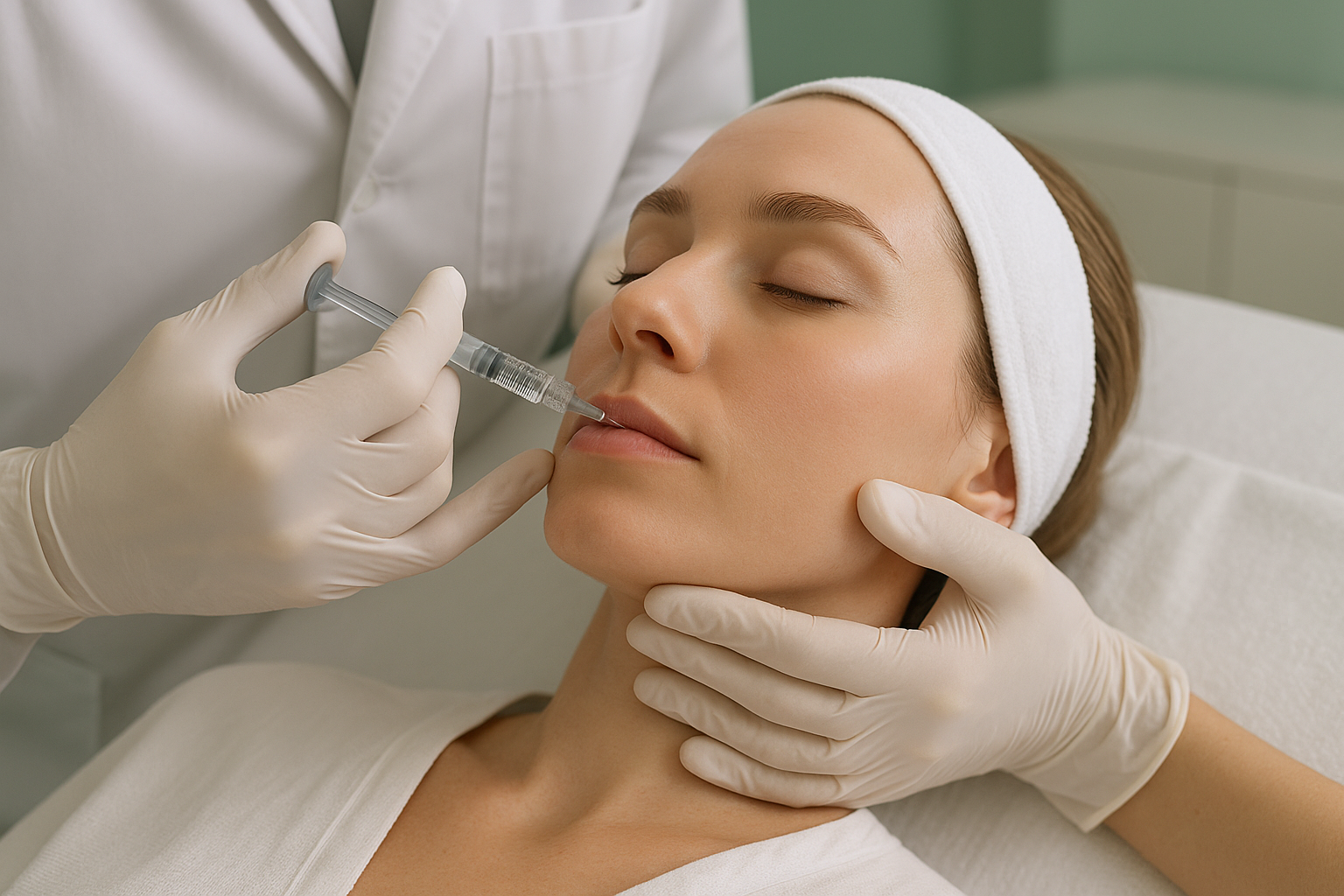 Close-up of a medical professional performing dermal filler injection on a patient’s face in a clean clinical environment focused on facial volume enhancement