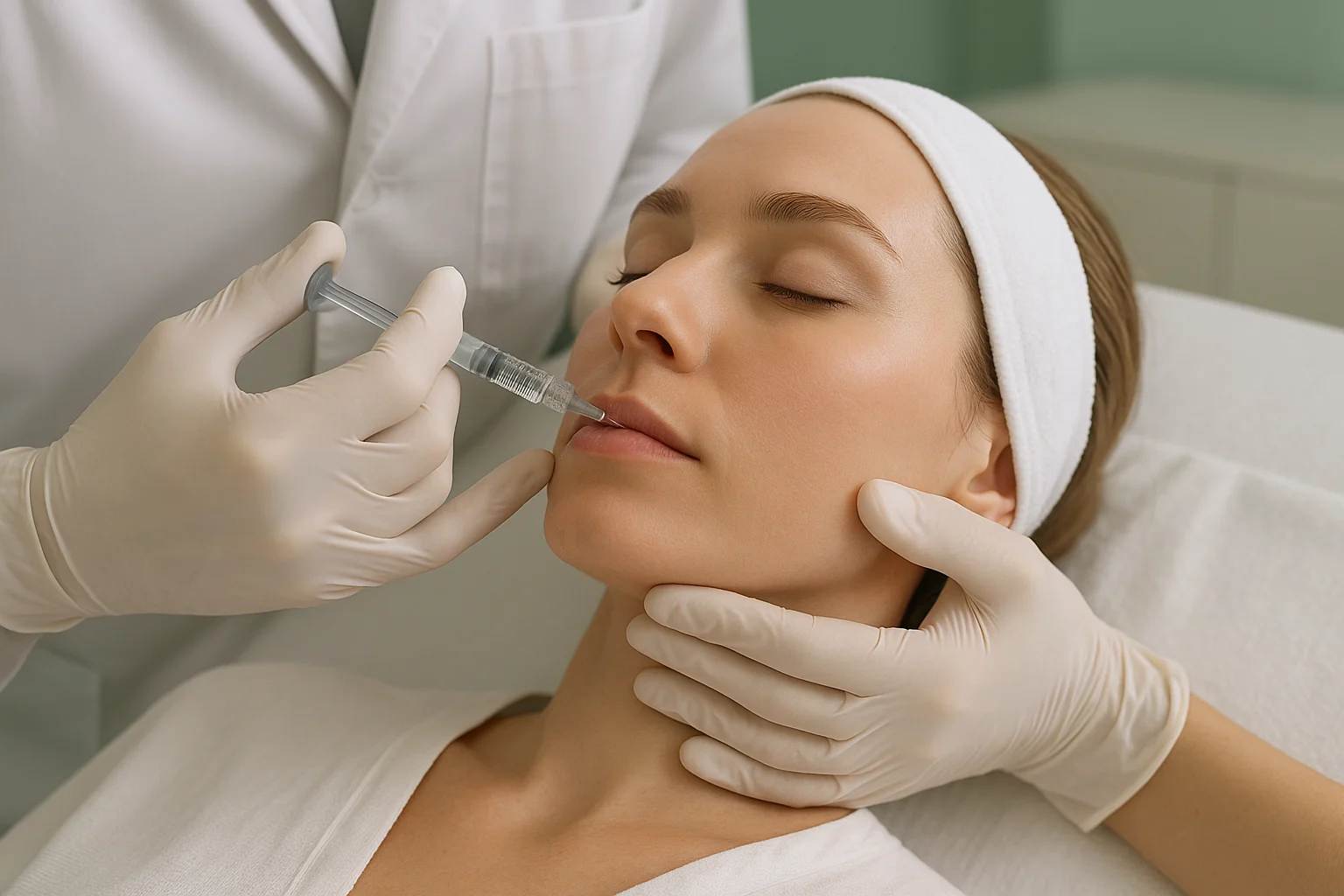 Close-up of a medical professional performing dermal filler injection on a patient’s face in a clean clinical environment focused on facial volume enhancement