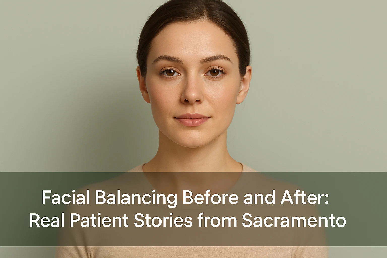 Professional portrait of a confident person with balanced facial features and subtle enhancements on a light green-gray background with a bottom transparent overlay containing white text for a facial balancing blog thumbnail