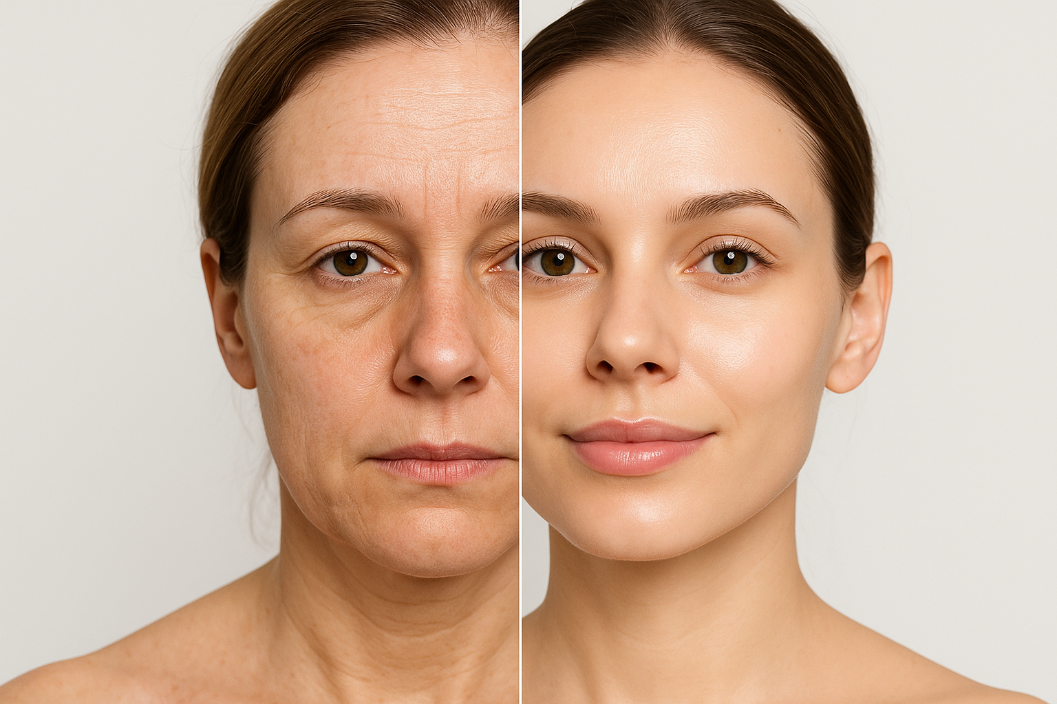 Realistic before and after comparison of facial treatment showing improvement from dull, uneven skin with fine lines to smooth, glowing rejuvenated skin