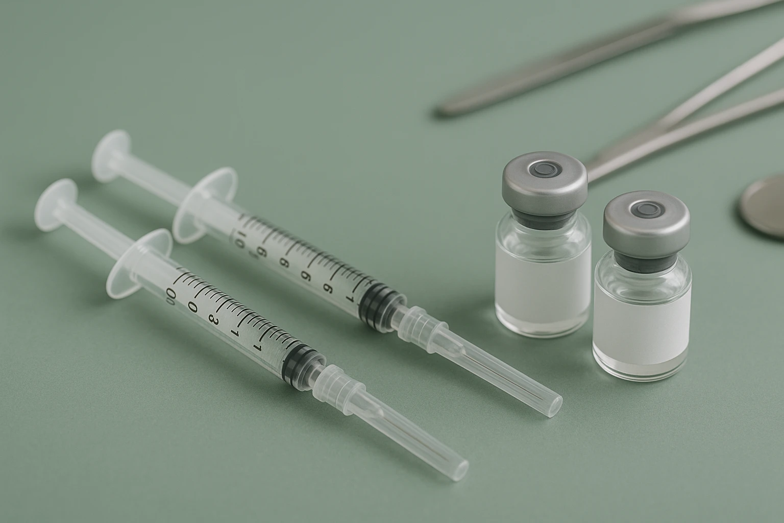 Close-up of dermal filler syringes and Botox vials on a clean medical spa background representing facial balancing treatment tools