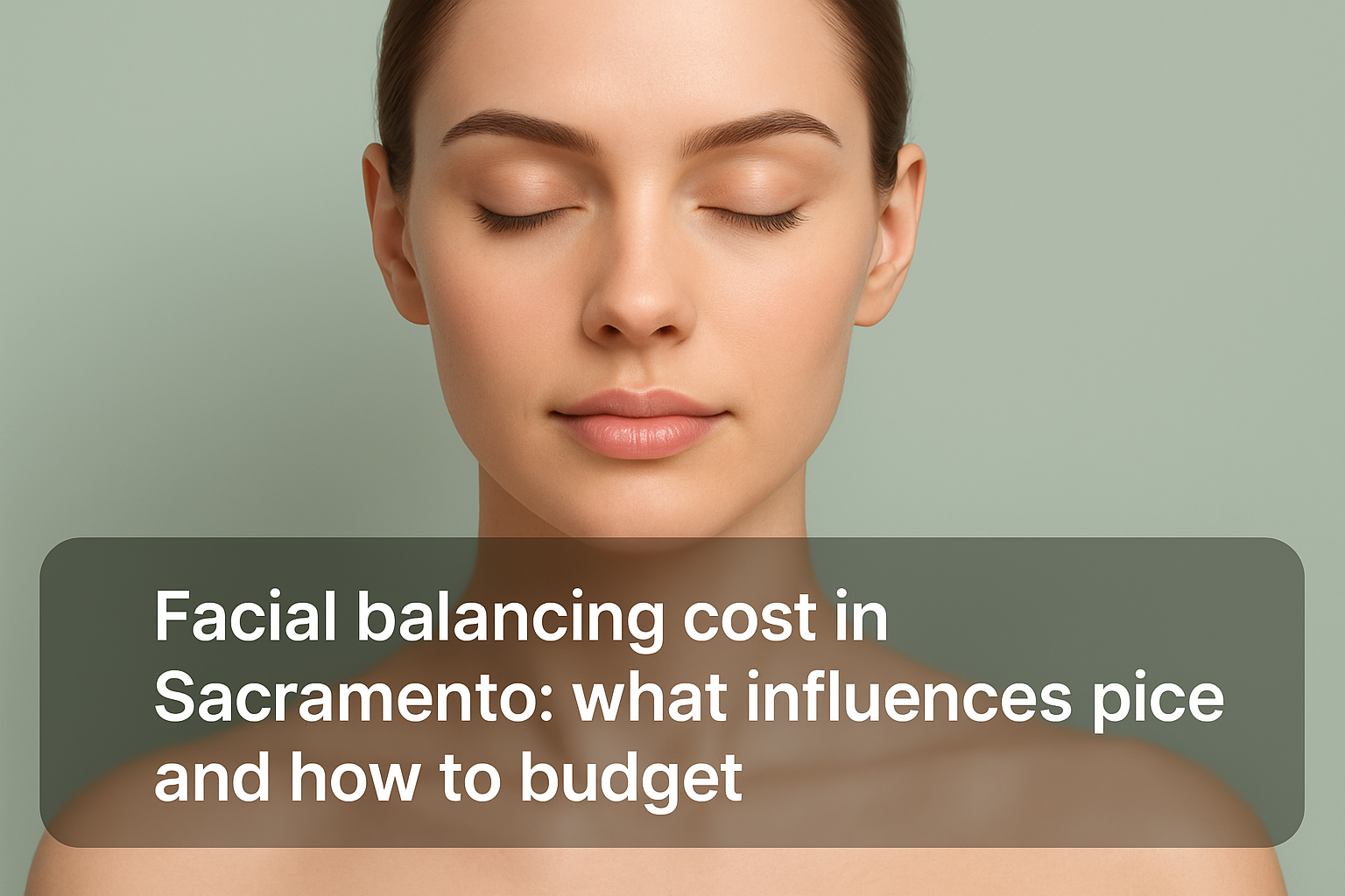 Professional facial balancing blog thumbnail showing a realistic serene female face with symmetrical features and subtle natural enhancements, with a transparent text overlay about facial balancing costs in Sacramento