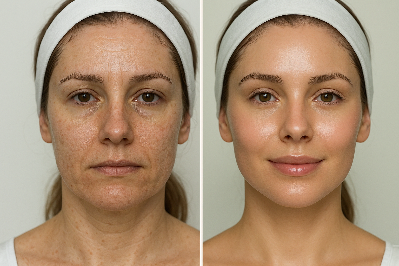 Side-by-side before and after facial skin treatment photo showing improvement from uneven skin tone and fine lines to smooth and glowing skin in a clinical med spa setting
