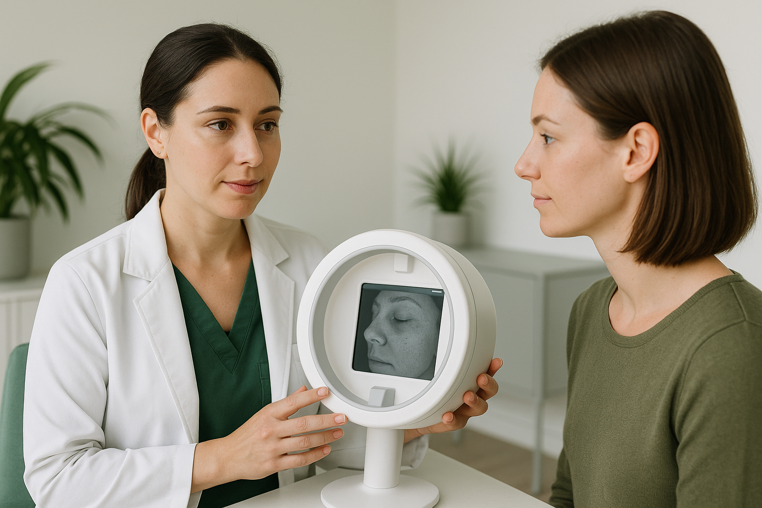 Licensed med spa practitioner consulting with client in Sacramento med spa with clean professional setting and natural lighting, representing personalized skin treatment planning