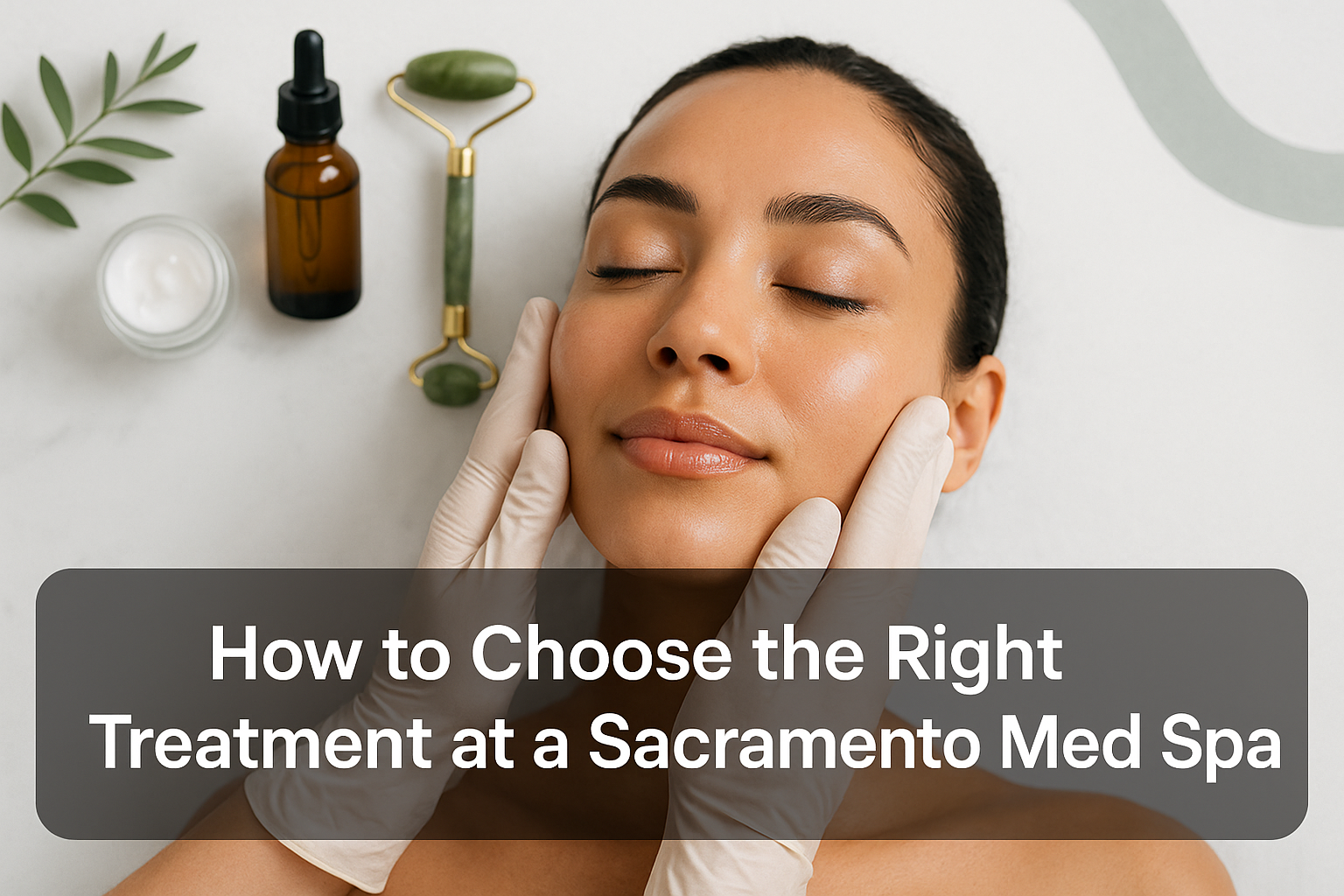 Close-up of a woman receiving a facial treatment with glowing skin, professional med spa background with green and gray accents, blog thumbnail for Sacramento med spa treatments