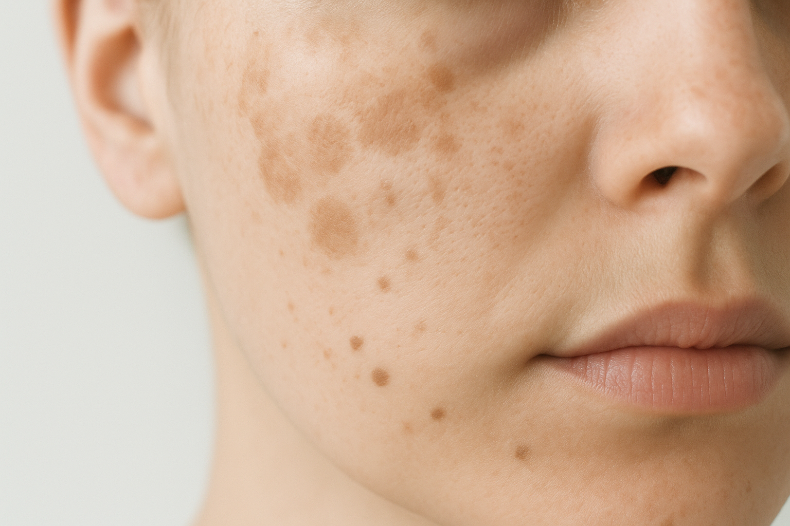 Close-up natural photograph of facial skin displaying different hyperpigmentation types like sunspots and melasma for educational skin condition illustration