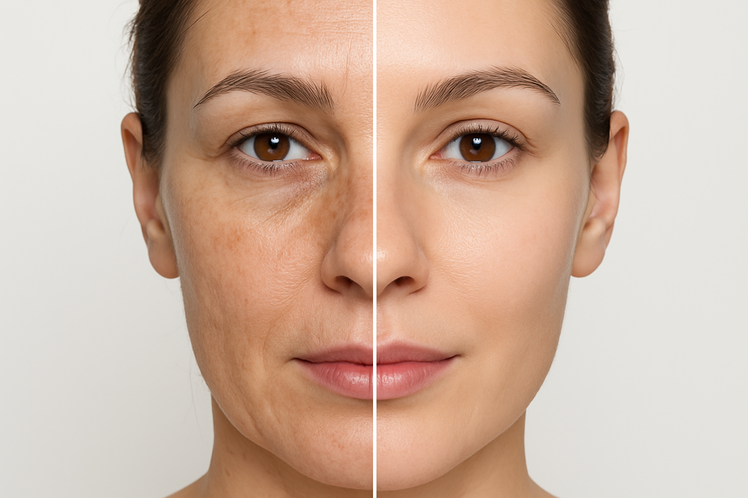 Vertical split before-and-after photo of a woman’s face illustrating laser skin resurfacing results removing hyperpigmentation and improving skin texture in a professional clinical setting