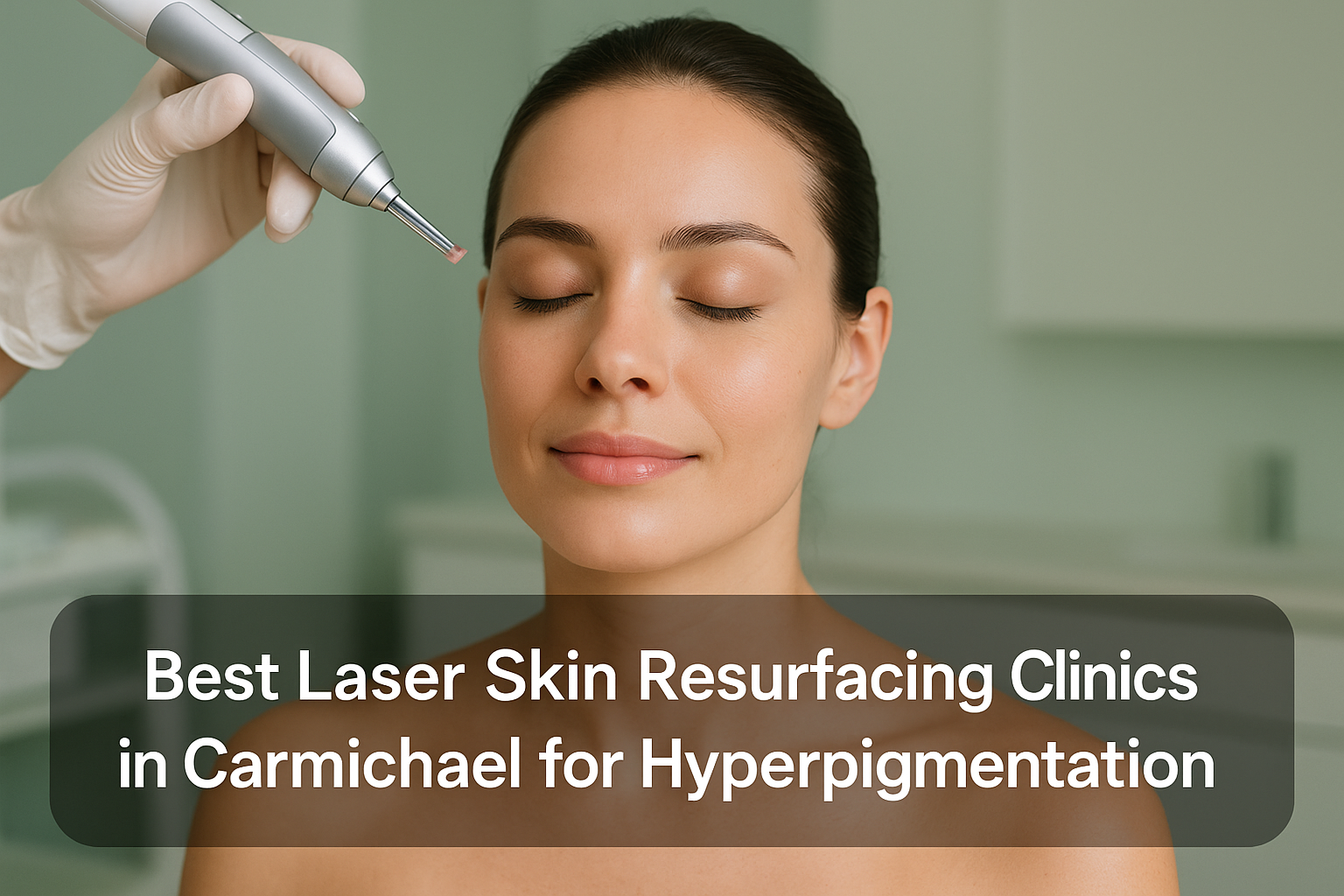 Close-up of a woman with radiant, clear skin representing laser skin resurfacing treatment for hyperpigmentation with a professional blog title overlay at the bottom