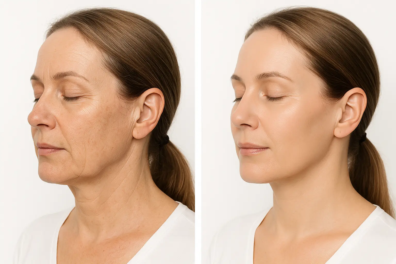 Before-and-after comparison image showing visible improvement in skin texture and firmness after Sofwave facial treatment