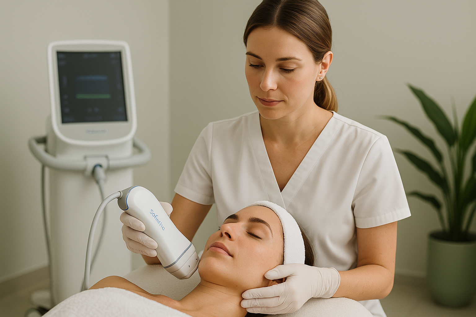 Medical spa practitioner performing Sofwave ultrasound skin tightening treatment on patient’s face in a clean modern clinic environment