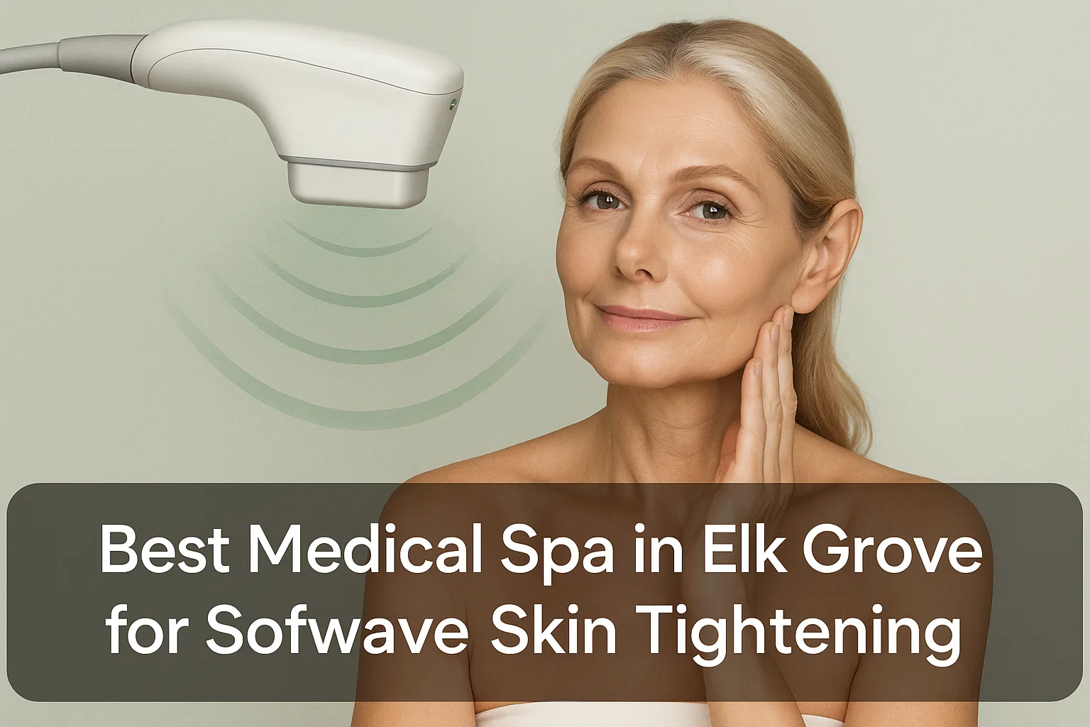 Thumbnail image showing a woman with smooth, lifted skin and soft ultrasound wave effects, representing Sofwave skin tightening treatment with a clear text overlay at the bottom