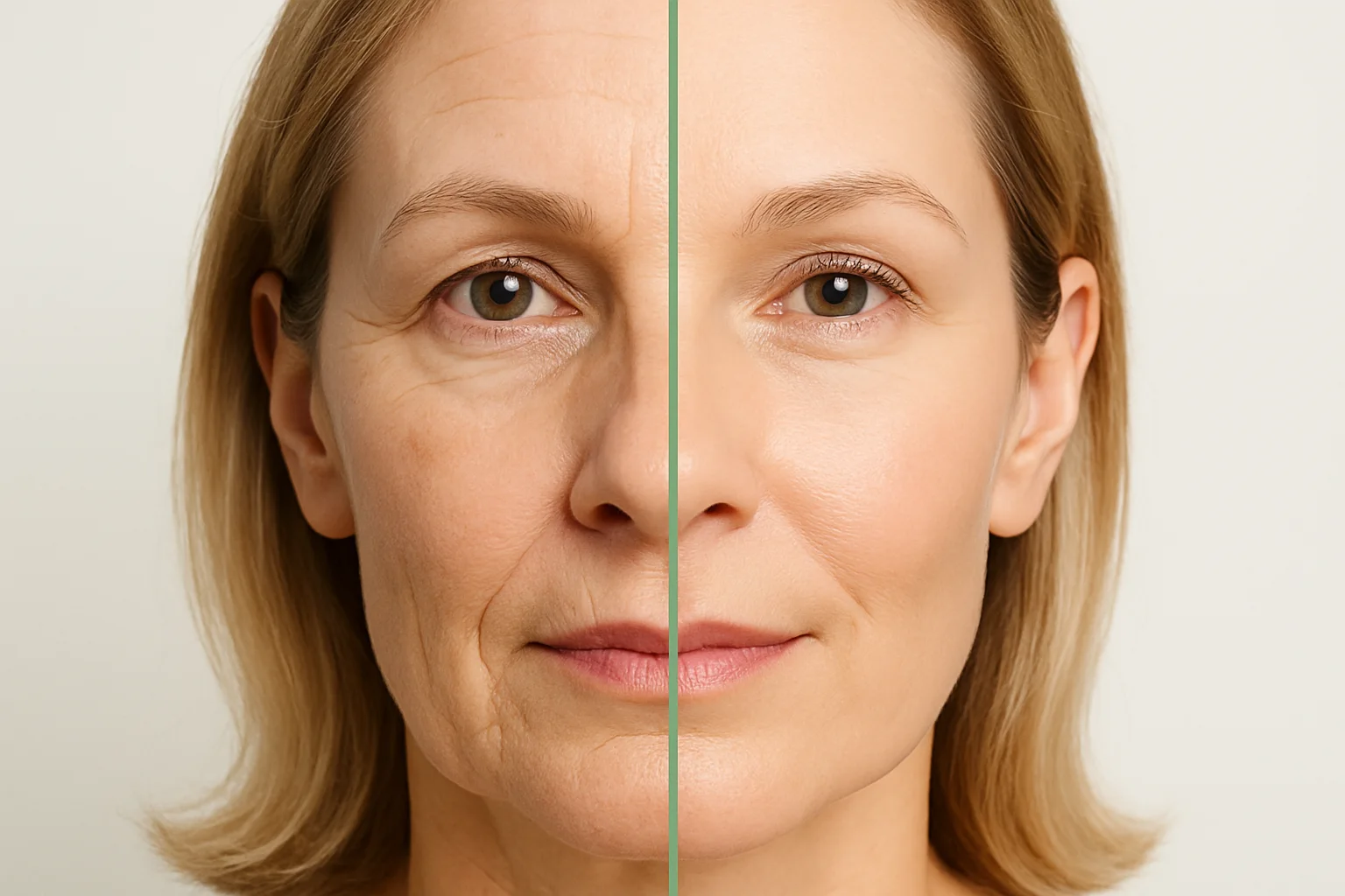 Before and after comparison of facial skin treated with Sofwave showing visible reduction in fine lines and improved skin smoothness and firmness.