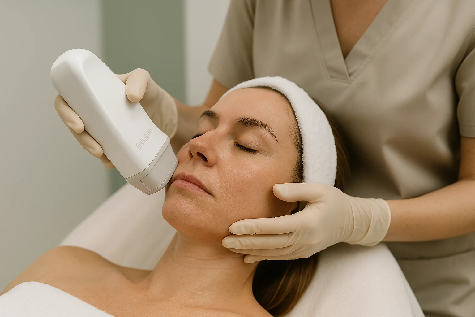 Professional image showing a skincare specialist performing a noninvasive Sofwave ultrasound facial treatment on a female patient, emphasizing care and advanced technology.