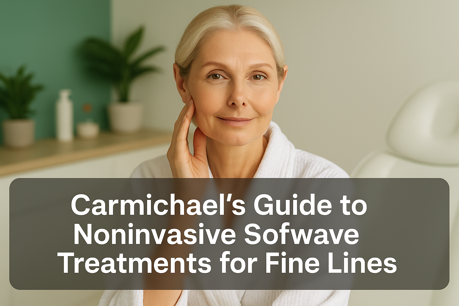 Thumbnail image showing a mature woman with firm, glowing skin in a natural skincare clinic environment, highlighting noninvasive Sofwave treatment benefits with a clear text overlay at the bottom.