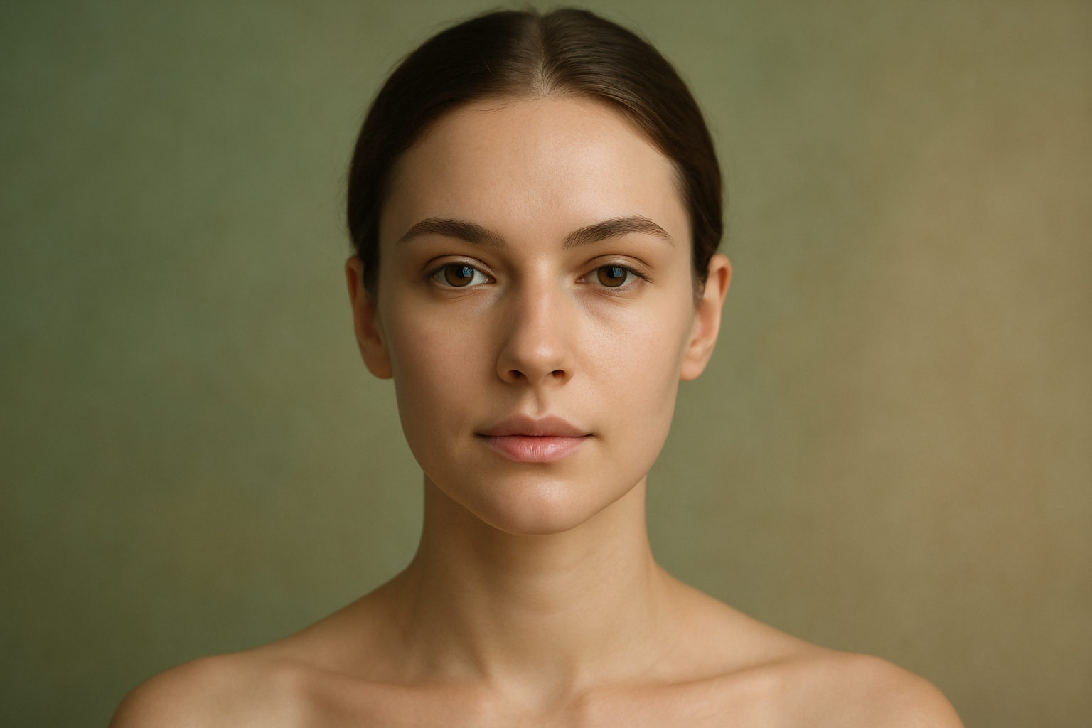 Portrait of a serene woman showing balanced and symmetrical facial features with smooth skin and a soft green and beige background.