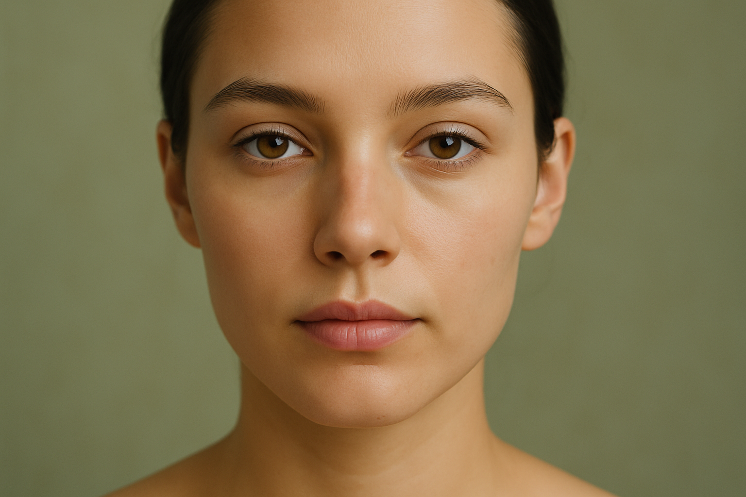 Close-up of a female face displaying harmonious facial symmetry and smooth, clear skin with a minimalistic soft green and cream background.