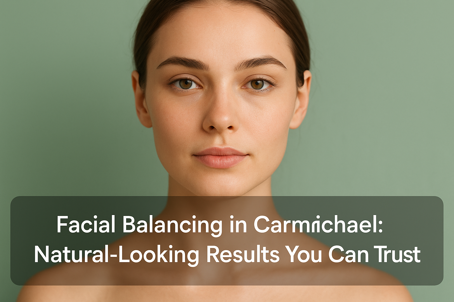 Close-up of a naturally balanced female face with smooth skin and subtle symmetry, with a professional semi-transparent text overlay about facial balancing in Carmichael at the bottom.