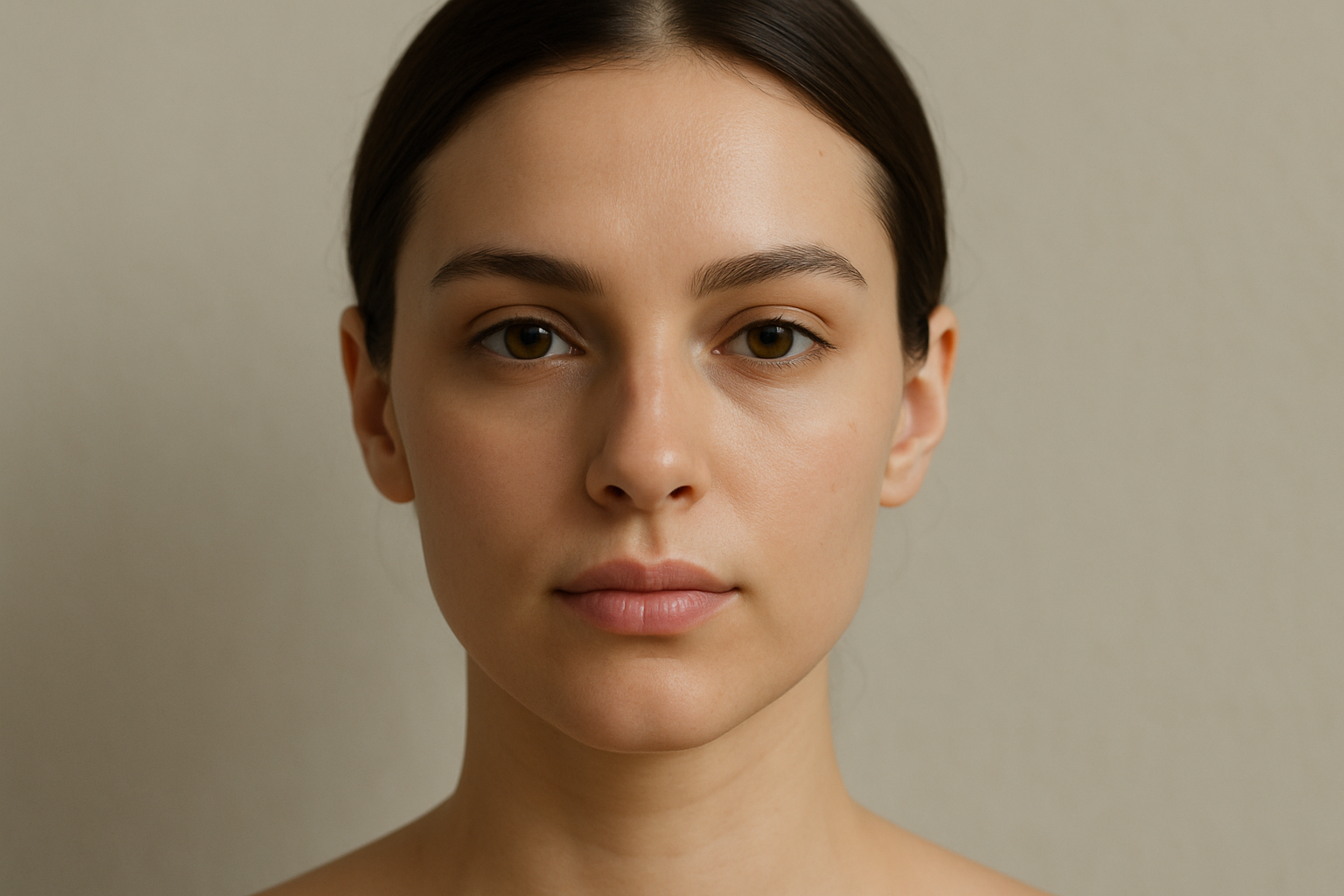 Close-up image of a woman with a balanced and symmetrical face, showing clear, smooth skin and natural lighting.