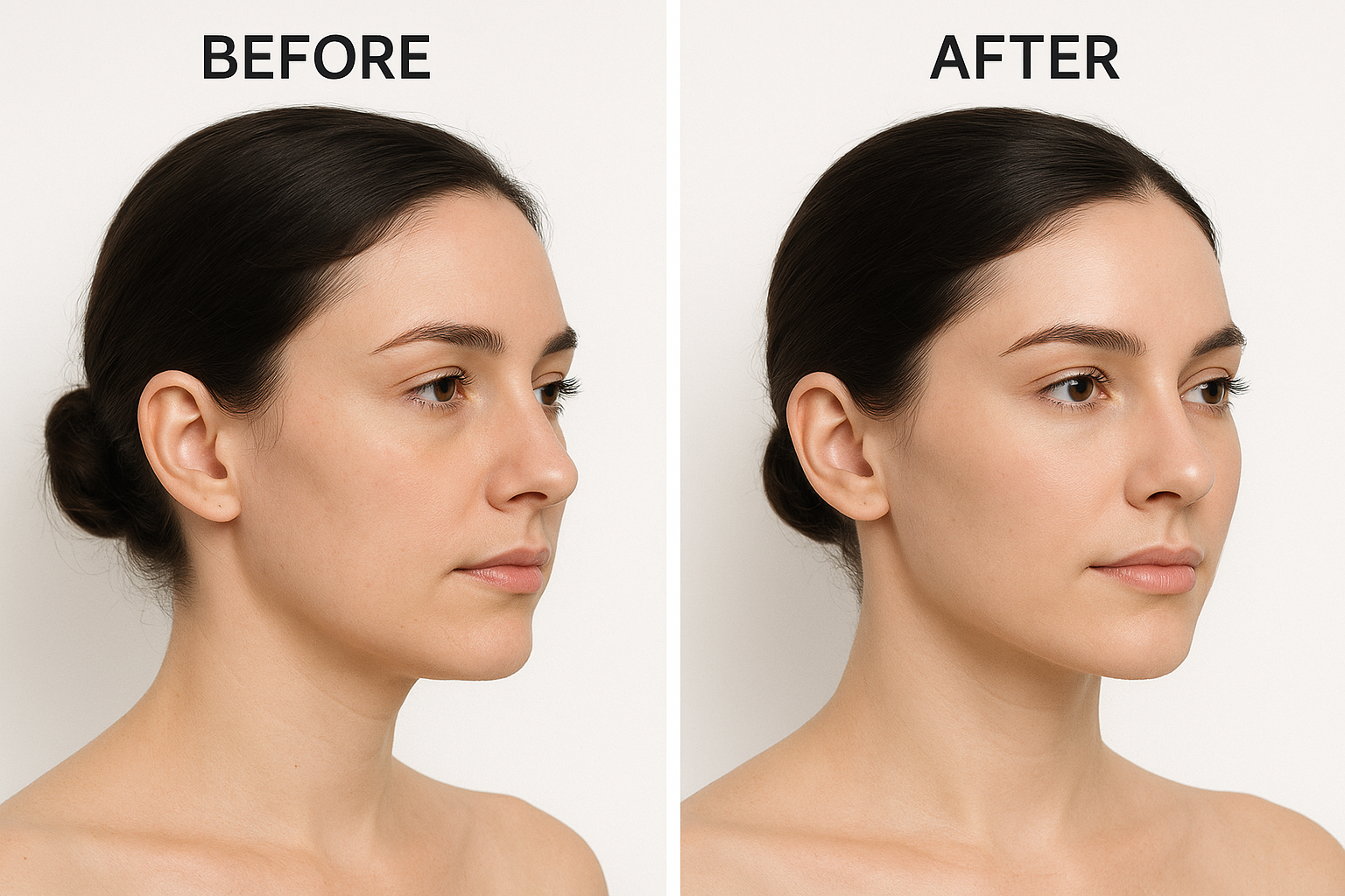 Side-by-side comparison image showing a woman’s face before and after facial balancing treatment, highlighting improved symmetry.