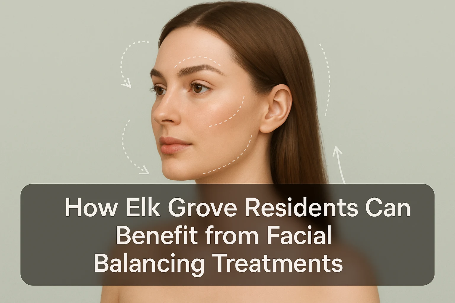 Professional thumbnail image showing a natural and balanced female face with enhanced features, featuring a transparent dark bottom overlay with white headline text about facial balancing treatments in Elk Grove.