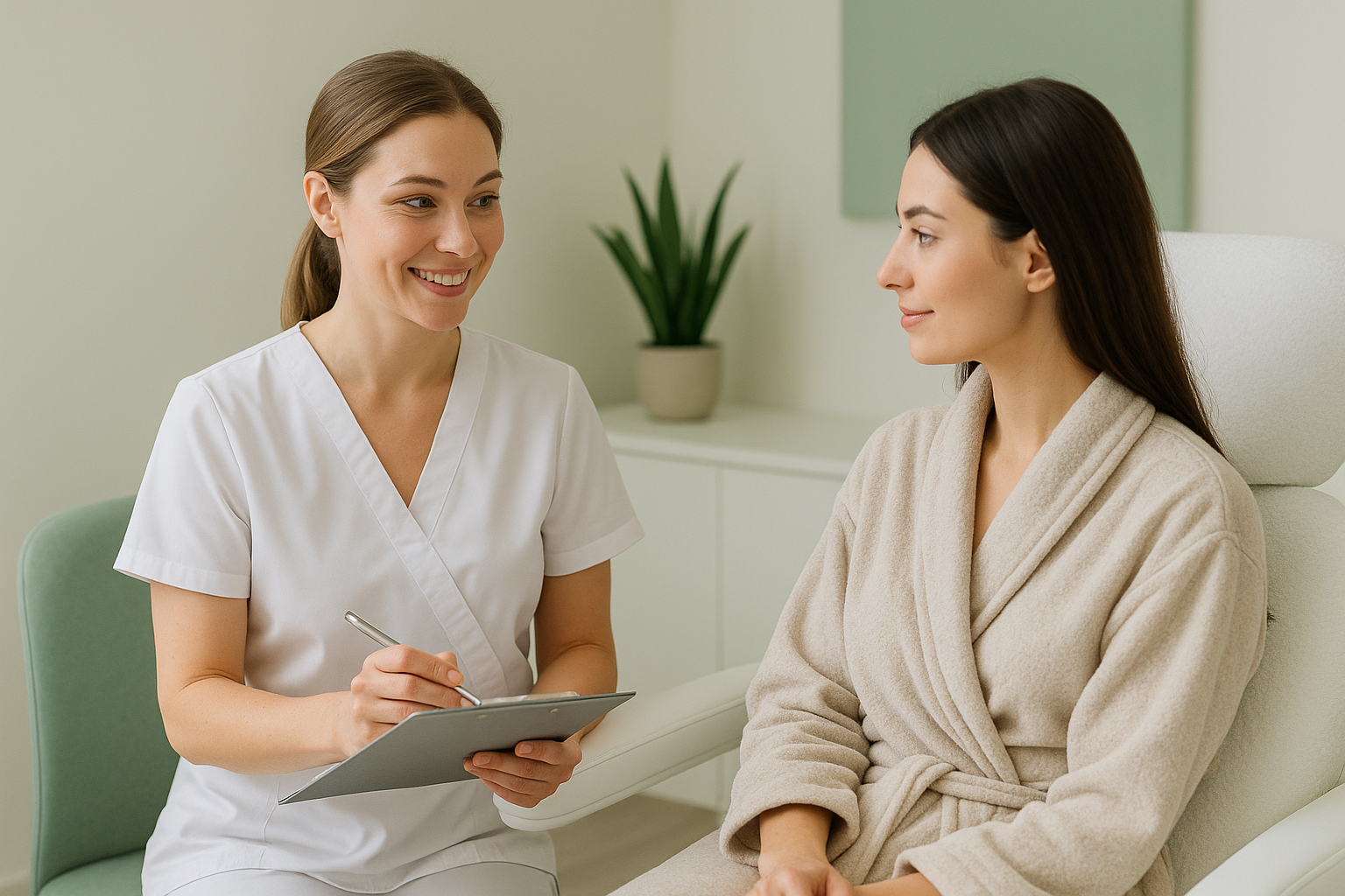 Aesthetic practitioner consulting with client in a bright, calm medical spa setting with green and neutral tones.