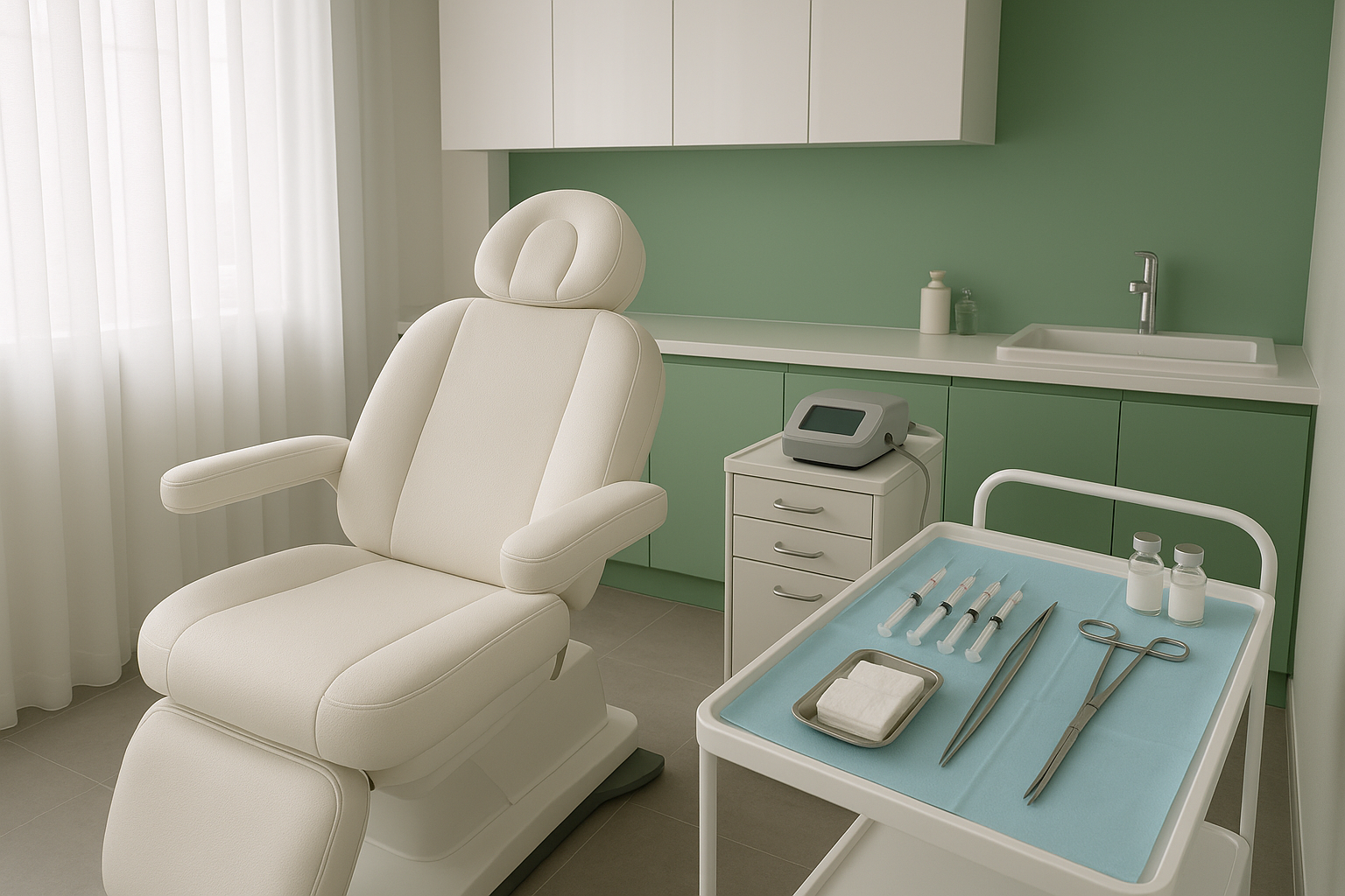 Modern medical spa treatment room ready for lip filler and Botox procedures with clean instruments and green accents.