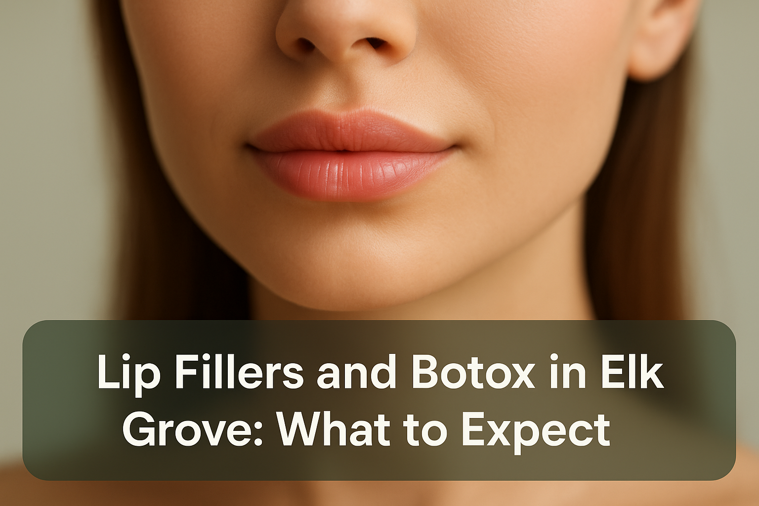 Close-up of a woman's lips and lower face with natural lip fillers and smooth skin, featured on a professional blog thumbnail with a green semi-transparent bottom text overlay.