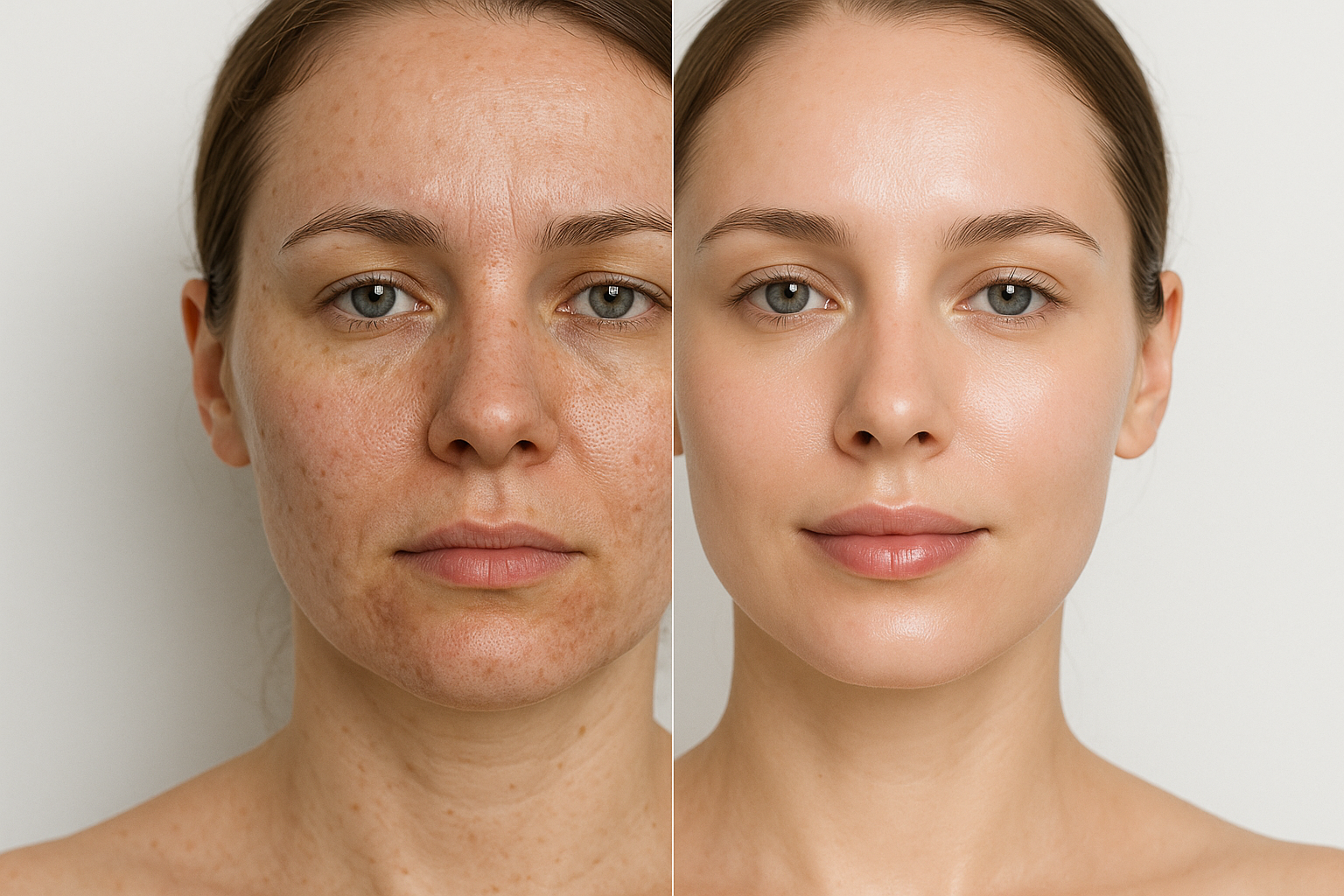 Side-by-side before and after photo of a woman's face showing improvement in acne scars and skin texture after laser treatment