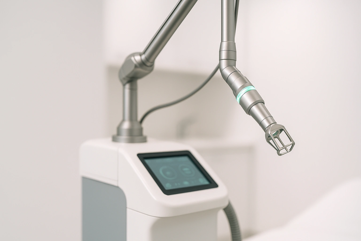 Close-up photo of fractional CO2 laser machine applicator in use for acne scar treatment in a dermatology clinic