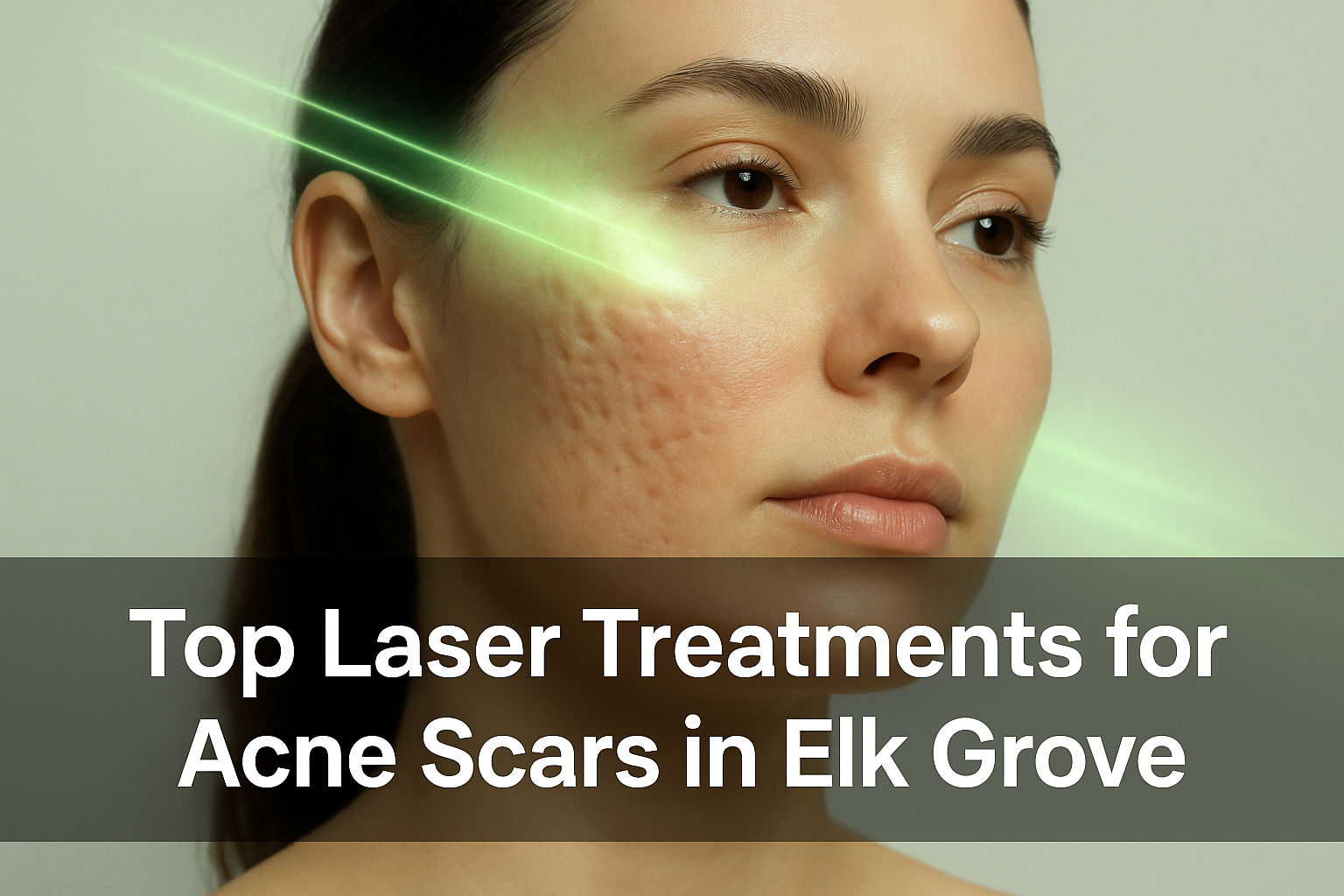 Close-up of a woman's face with visible acne scars illuminated by green laser treatment light, representing laser acne scar removal treatments in Elk Grove