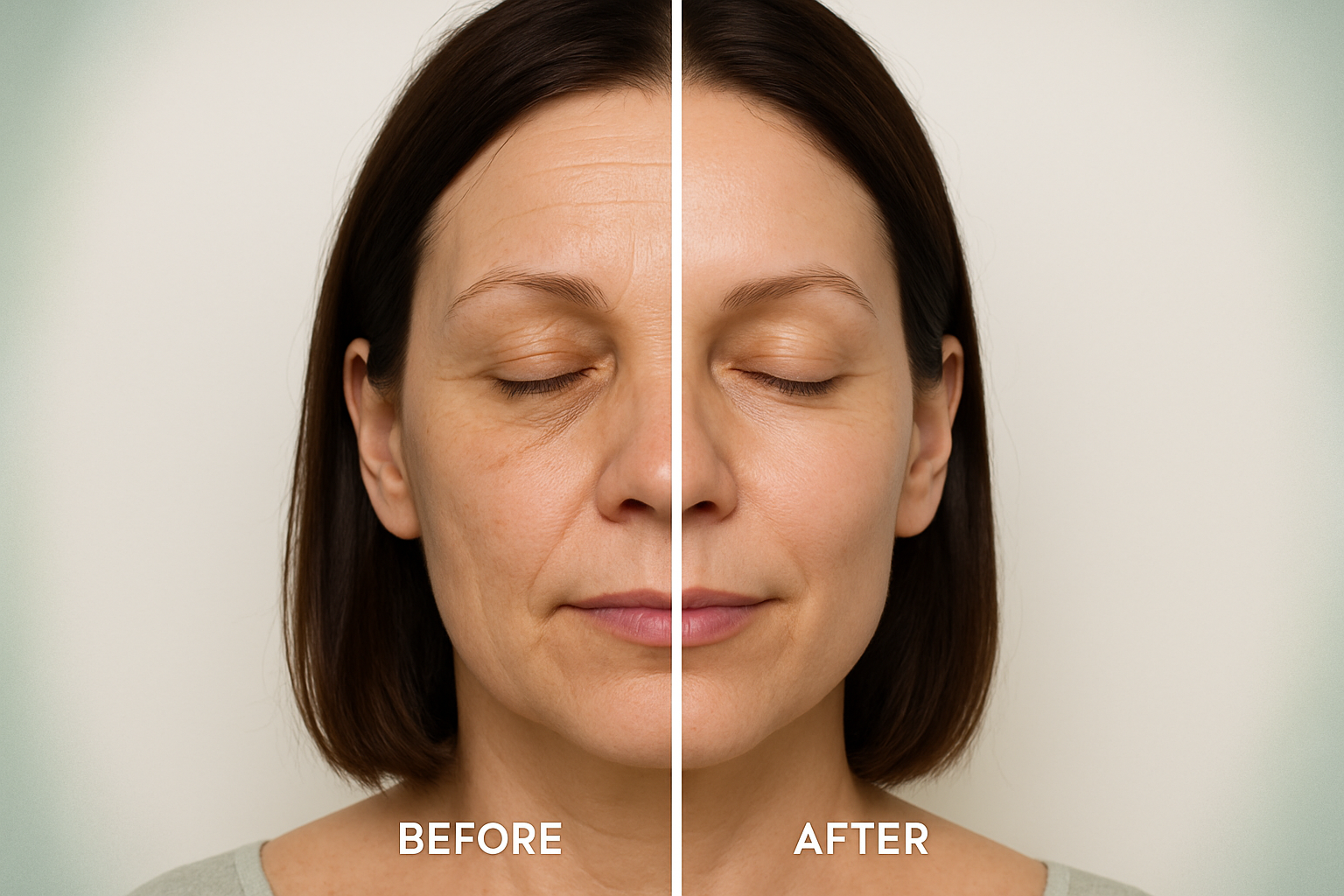 Before and after comparison of noninvasive skin lifting treatment showing improved skin tone and reduced fine lines on a middle-aged person's face in a clinical setting.