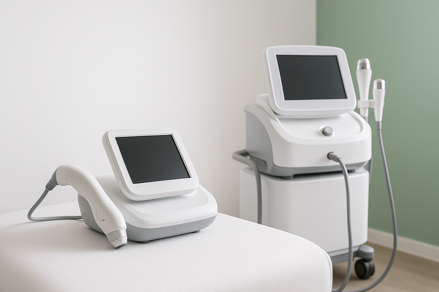 Close-up of ultrasound and radiofrequency skin tightening devices in a modern Fair Oaks medical spa environment, showcasing advanced noninvasive treatment technology.