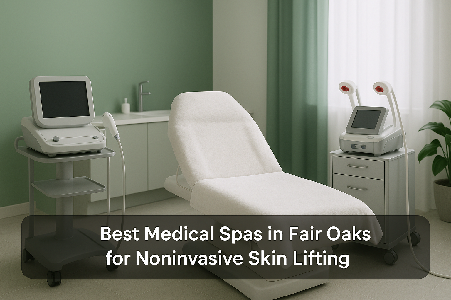 Professional medical spa treatment room showcasing advanced noninvasive skin lifting technology with ultrasound and radiofrequency machines, clean and calming atmosphere in Fair Oaks, with overlay text about best medical spas.